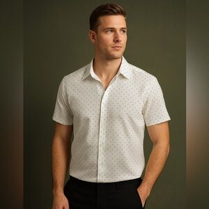 Perry Ellis Men Slim Fit Short Sleeve Stretch Shirt White Geometric Print Size M